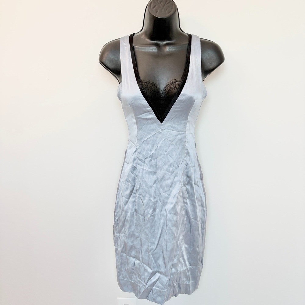 Oday Shakar Silk Mini Dress Lace Trim V-Neck Blue Black Size XS - Picture 2 of 12
